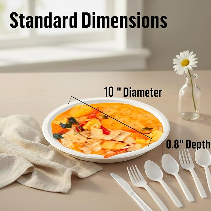 Compostable Heavy Duty Disposable Paper Plates, 150 Count | 10 Inch Round | Natural Bagasse, White Biodegradable Eco-Friendly Sugarcane BBQ, Party, Gathering, Picnic Sugarcane Tray