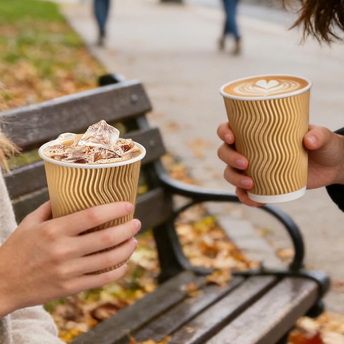500 Pack 12 oz Coffee Cups, Disposable Corrugated Insulated Ripple Wall Paper Coffee Cups 12oz for Hot or Cold Drinks Office Home Cafe Party Travel (Champagne)