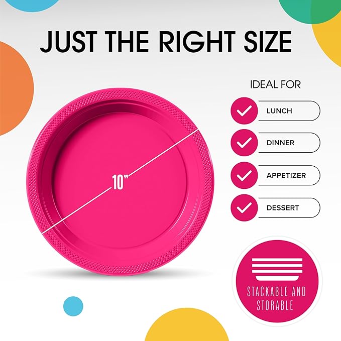 Party Solids Cerise Plastic Plates For Party 10" Cerise Disposable Plates Heavy Duty 100 Pcs Plastic Dinnerware Sets Heavy Duty 350 GSM Disposable Dinnerware Set
