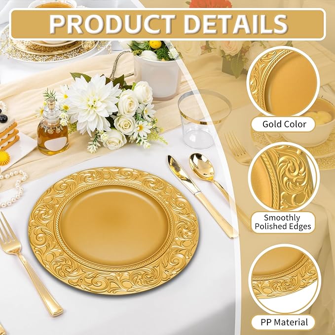 PROY Antique Charger Plates Set, 50 Pcs 13in Plastic Embossed Gold Chargers for Dinner Plates, Round Floral Gold Chargers for Table Setting, Wedding, Party, Event