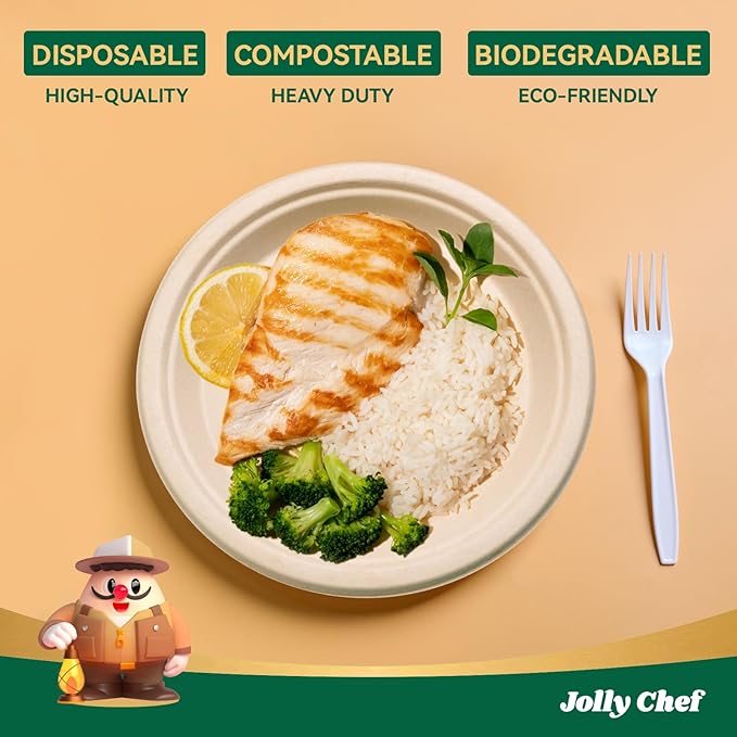 JOLLY CHEF Compostable Heavy Duty Plates 9 Inch [300 Pack] Eco-Friendly Disposable Natural Paper Plates Bagasse Biodegradable Sugarcane Bulk for Party Dinner Lunch Hot Cold Food Christmas (Brown)