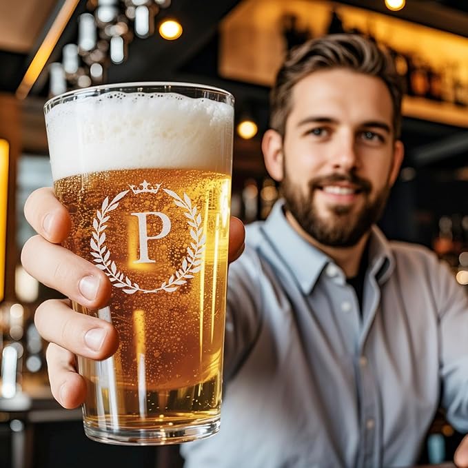 Personalized Beer Glasses Gifts for Men, 16 oz Pint Glasses Monogrammed A-Z Drinking Glass Cups Customized Gift, Unique Christmas Anniversary Birthday Gifts for Men Him Dad Brother Husband Grandpa (P)