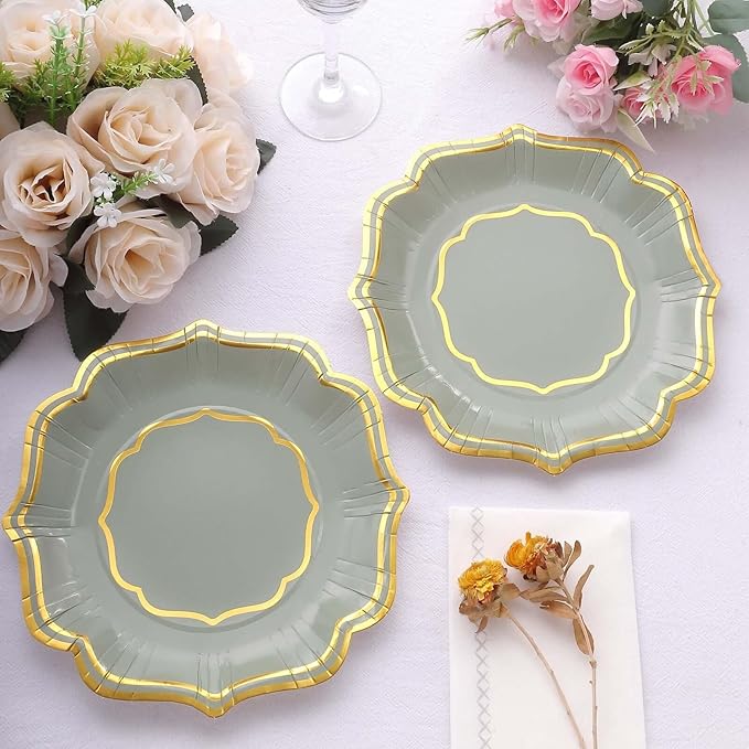 50 Pack 8" Sage Green/Gold Scallop Rim Dessert Plates, Disposable Round Paper Appetizer Salad Plates 300 GSM for Party Decoration