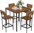 COSTWAY Dining Table Set for 4, 5-Piece Square Kitchen Nook Dinette Set with 4 Bar Stools with Footrest, Backrest, Space-Saving Design, Industrial Kitchen Table and Chairs for Apartment, Brown