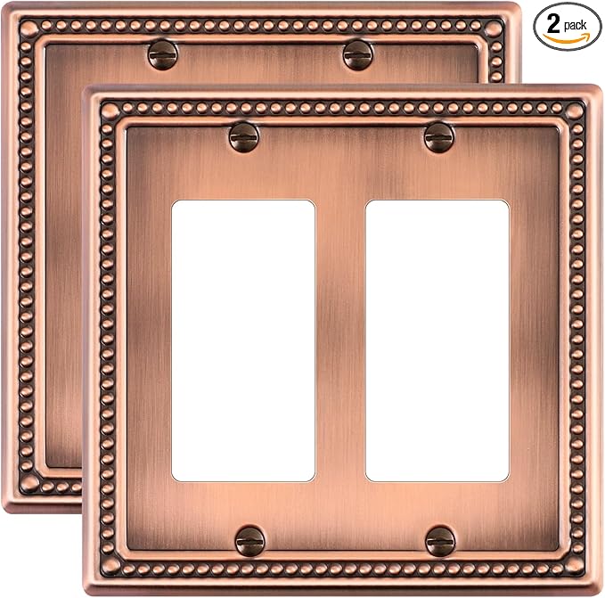2-Pack Double Decorator Outlet Cover Plate, Antique Copper Pearls Decorative Switch Plates and Outlet Covers, Metal Wall Plates for Electrical Outlets, Receptacle, GFCI Outlet, Dimmer Switch