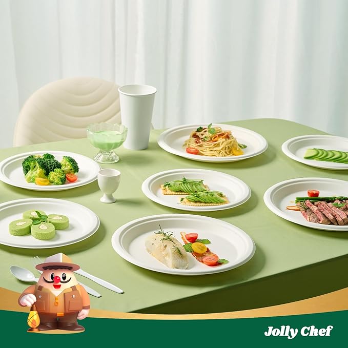 JOLLY CHEF Compostable Heavy Duty Plates 𝟭𝟬 𝗜𝗻𝗰𝗵 [𝟱𝟬𝟬 𝗣𝗮𝗰𝗸] Eco-Friendly Disposable White Uncoated Paper Plates Bagasse Sugarcane Biodegradable for Hot Cold Food Party Dinner Christmas