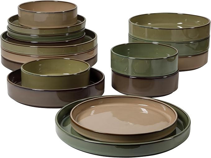 Bloomhouse - Two Time Oprah's Favorite Things WInner - Santorini Mist 16 Piece Double Bowl Terracotta Dishes Reactive Glaze Plates and Bowls Dinnerware Set - Assorted Colors - Service for 4