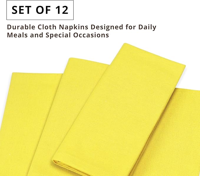 PurpleEssences Set of 12 Cloth Dinner Napkins 100% Cotton 18x18 Inch - Soft Durable Washable - Ideal for Farmhouse Party Christmas Holiday Winter - Perfect Everyday Use Table Linen - Yellow