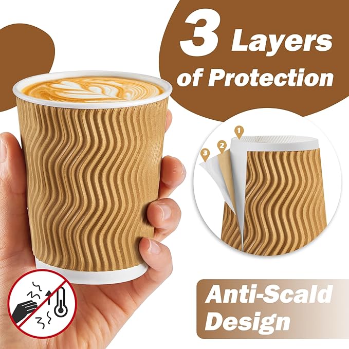 SIUQ 8 oz Coffee Cups - 150 Pack, Insulated Disposable Paper Cups 8 oz, Corrugated Ripple Wall Cups for Hot Beverage or Cold Drinks (Champagne)
