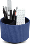 Hennaja Round Leather Art Supply Organizer,Remote Control Holder,360 Degree Spinning,Multi-Functional Pencil Holder,4 Compartments Desktop Stationary Organizer(1-Vertical Wood Blue)