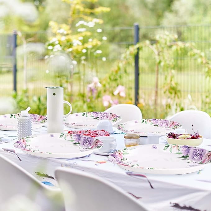 50Pcs Floral Oval Paper Plates 10" x 12" Large Heavy Duty Disposable Watercolor Purple Floral Butterfly Paper Plates Spring Rose Flower Dessert Platters for Bridal Shower Wedding Supplies Decorations