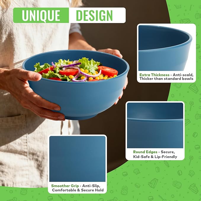 Wheat Straw Bowls Set of 6, 60 OZ Unbreakable Camping Bowls, Microwave Safe & Dishwasher Safe, Large Salad Bowls for Outdoor, Picnic, RV Trips, Ramen, Cereal, Soup, Dark Blue