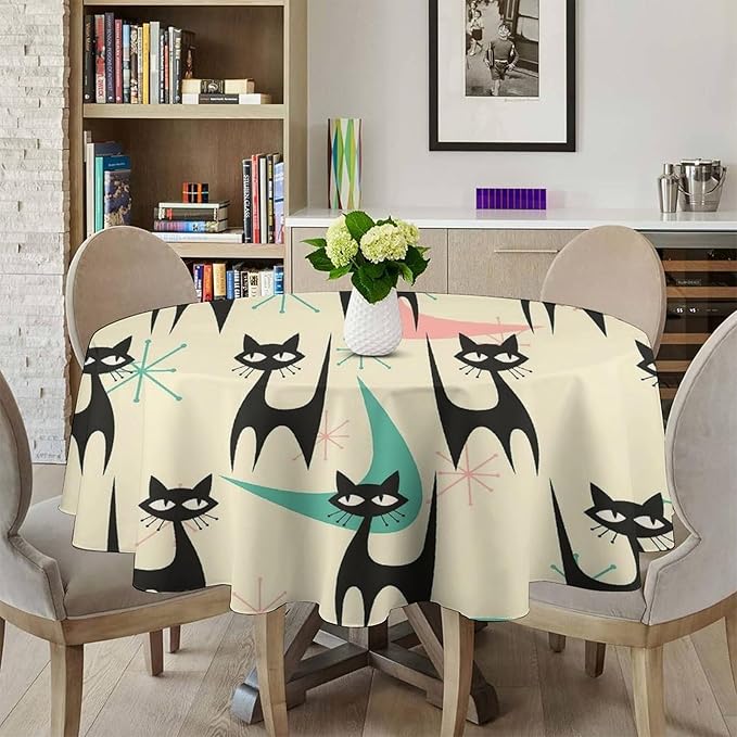Mid Century Colorful Modern Cat Round Tablecloth, Medieval Bohemian Abstract Animal Tablecloth for Home Party Dining Room Kitchen Decor 36Inch(90cm)