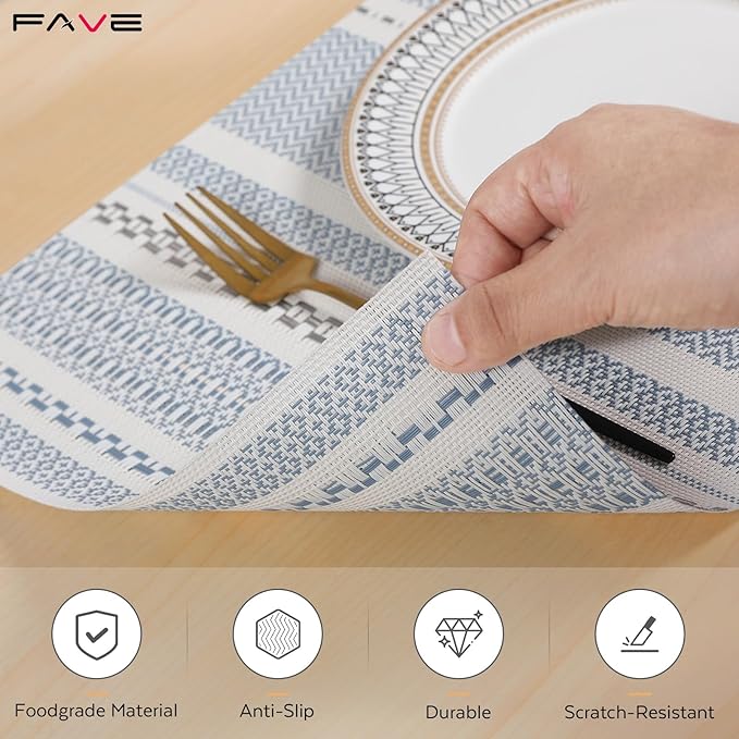 FAVE Blue Boho Vinyl Placemats Set of 4, Durable Woven Place Mats Washable Heat Resistant PVC Table Mats for Parties,Weddings, Dining,Banquet(Blue, 4PCS)