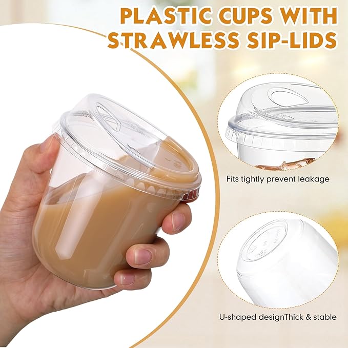 Baderke 100 Pcs Plastic Cups with Sip Lids Round Bottom Disposable Plastic Coffee Cups with Lids Clear Strawless Crystal Mugs for Iced Coffee Smoothie Cold Beverage Party Catering Supplies (10 oz)