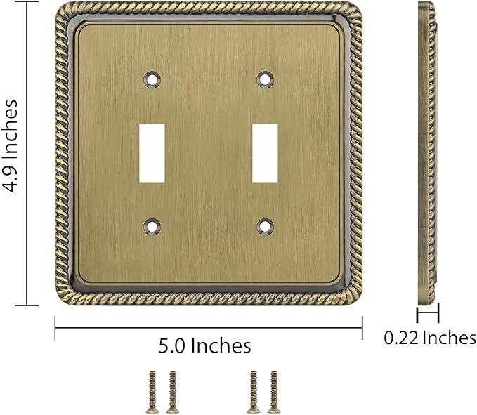 Henne Bery Rope Edge Decorative Wall Plate Switch Plate Outlet Cover (Double Toggle, Antique Brass)