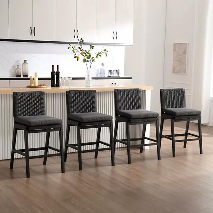 Mid Century Modern Counter Height Barstools Set of 6, 27” Linen Upholstered Counter Stools with Rope Woven Back Wooden Farmhouse Bar Stools for Kitchen Island Dining Room,Charcoal