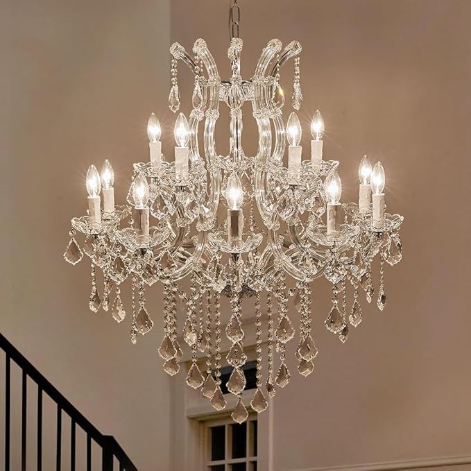 Modern Chrome Chandelier Light Fixture - Luxury Maria Theresa Crystal Chandeliers for Dining Room, Kitchen Island, Living Room, Bedroom, 15 Lights, 2 Layers