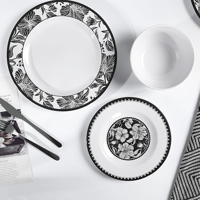 Melamine Dinnerware Sets 12pcs-Melamine Plates and Bowls Set Black Flower Lily Pattern Indoor Outdoor Use Unbreakable Dishwasher Safe