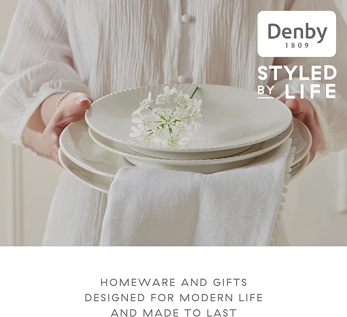 Denby - Arc White Porcelain Medium Plates Set of 6-9 Inch Glazed, Dishwasher Microwave Oven Safe - Scratch Chip Resistant Lunch, Appetizer, Dessert Plates - Dinnerware Plate Set