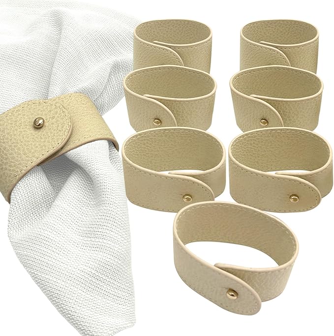 Luxury Leather Napkin Rings Set of 8, Beige, Morgan Faux Style, Modern Cuff Design for Wedding Party Decorations, Kitchen, Holiday Table,Rust Proof,Hotel, Home, Table Accessories, Dining