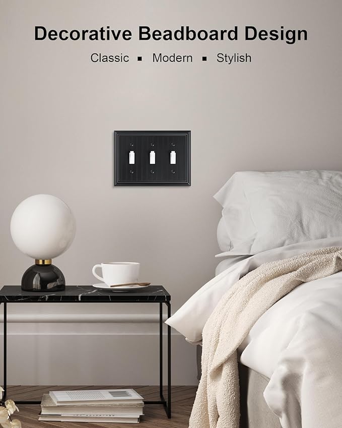 2-Pack Classic Beadboard Triple Toggle Light Switch Cover Plate, Durable Natural Bamboo Fiber Decorative Switch Plate Covers, Matte Black 3 Gang Wall Plate