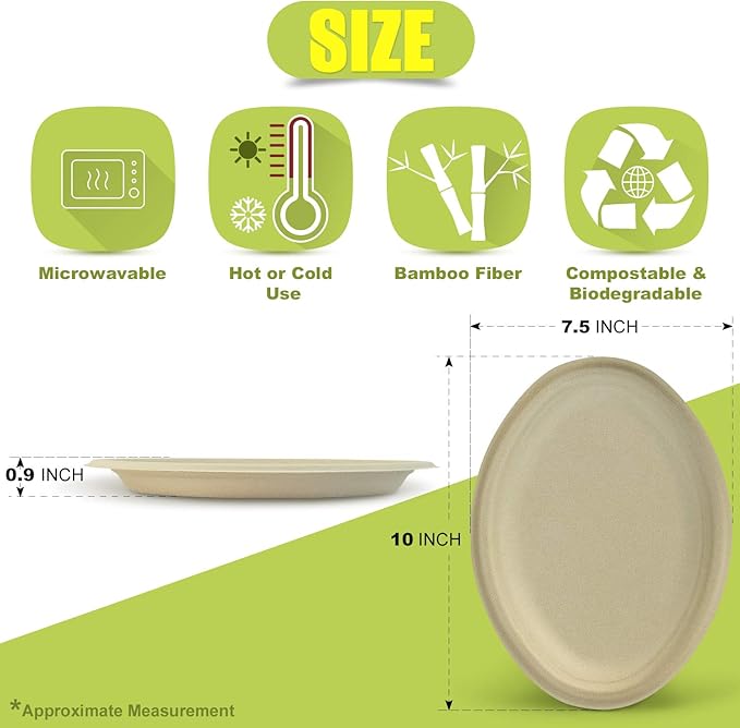 Green Earth, 10-Inch, 125-Count, Compostable Plates, Natural Bamboo Fibers, Everyday Tableware - Biodegradable Disposable Oval Shape Microwave-Safe Gluten-Free Eco-Friendly