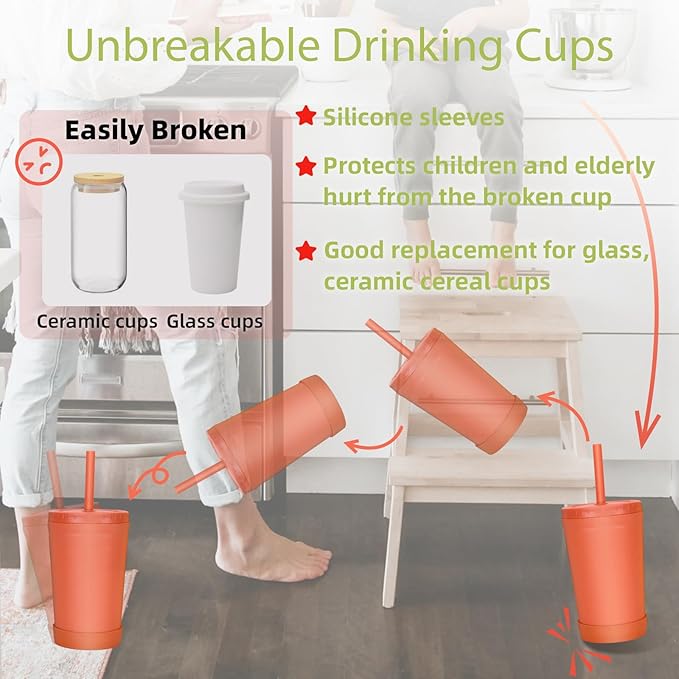 Homestockplus Wheat Straw Cups with Lids and Silicone Straws, 10 Oz Chip Resistant Dishwasher/Microwave Safe, Toddler Cups Built In Straw Stoppers, Smoothies Cup +Straw Cleaner