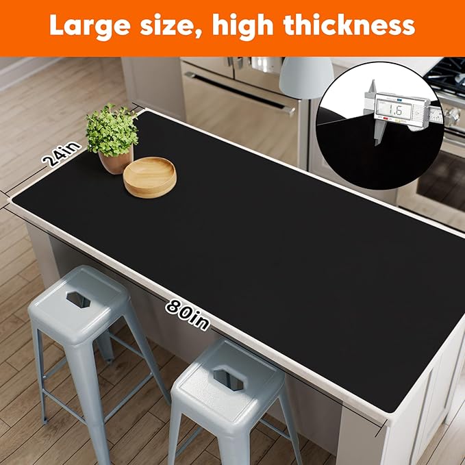 Extra Large Silicone Mats for Kitchen Counter,24"x80"Heat Resistant Mat for Kitchen Island,Table Protector for Dining Room Table,New Skin-Friendly Material Workbench Mat,Freely Cuttable,Black