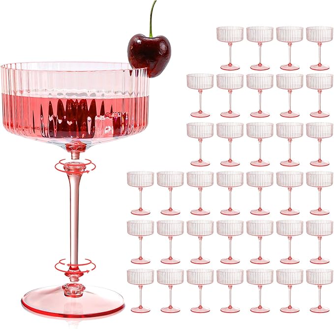 XUWAIDSGN 50 Pcs Champagne Martini Glasses 9 Oz with Gilded Removable Gold Rim Coupe Glasses Pink Martini Glasses Plastic Mimosa Vintage Coupe Glasses Set For Wedding Anniversary (50, Ribbed Pink)