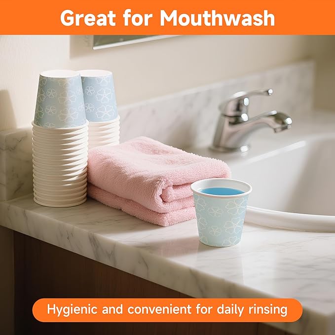 300 Pack 3 oz Bathroom Cups, Disposable Paper Cups with Rolled Rim, Small Paper Mouthwash Cup for Guest Bathrooms, Vanity & Office Use, Mist blue