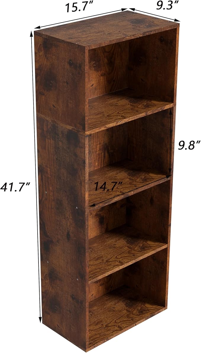 Wooden 4 Cube Storage Organizer, 4 Tier Tall Vintage Bookshelf Freestanding Storage Display Organizer, Versatile Cubes Shelf and Cubby Unit for Living Room, Bedroom, Home Office 15.7inch