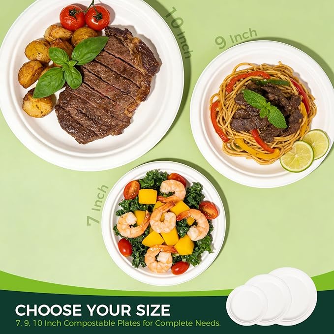 100% Compostable 7 inch Paper Plates, [125-Pack] Disposable Dessert Plates, (BPI Certified)-Heavy Duty, Eco-Friendly Small Paper Plates, Biodegradable Sugarcane Plates, white