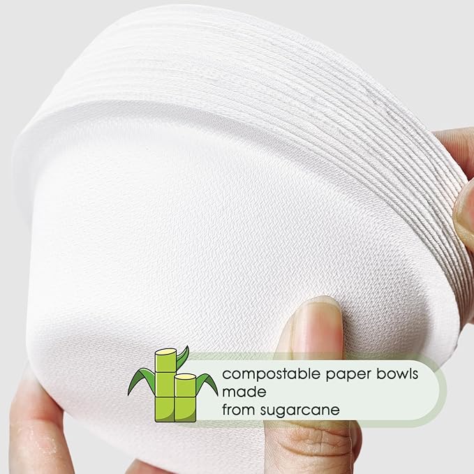 ECOLipak 300 Pack Compostable Paper Bowls, 8 oz Heavy-Duty Disposable Biodegradable Soup Bowls Made of Natural Bagasse, Suitable for Soup, Salad, Dessert, Milk, Cereals