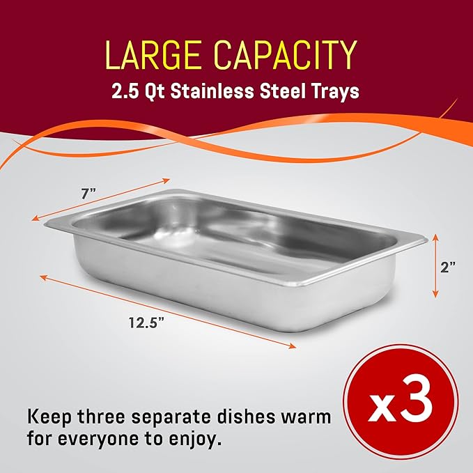Elite Gourmet EWM-6171 Triple 3 x 2.5 Qt. Trays, Buffet Server, Food Warmer Temperature Control, Clear Slotted Lids, Perfect for Parties, Entertaining & Holidays, 7.5 Qt Total, Stainless Steel
