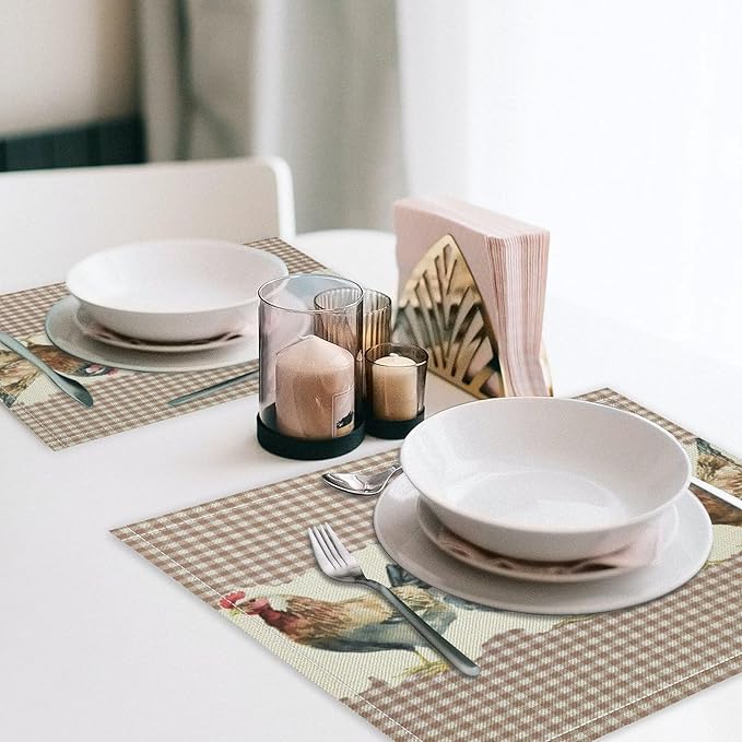 Rustic Rooster Placemat Set, Vintage Boho Farmhouse Colorful Watertcolor Chicken Pink Plaid Pattern Home Decor Table Mats for Dining Room Kitchen Party (17x12in) x6P