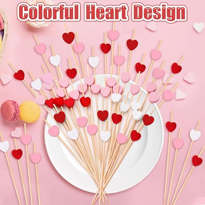 240 PCS Pink Love Heart Shaped Cocktail Picks, 4.7Inch Bamboo Fancy Toothpicks for Appetizers, Cocktail Skewers Sticks Selected for Weddings, Valentines Day, Desserts, Charcuterie, Food, Drinks