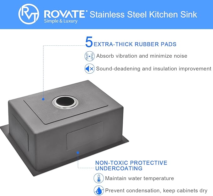 ROVATE 22 x 18 inch Drop-in Kitchen Sink Single Bowl, Small Topmount Kitchen Sink, Handmade 304 Stainless Steel Overmount Sinks with Strainer