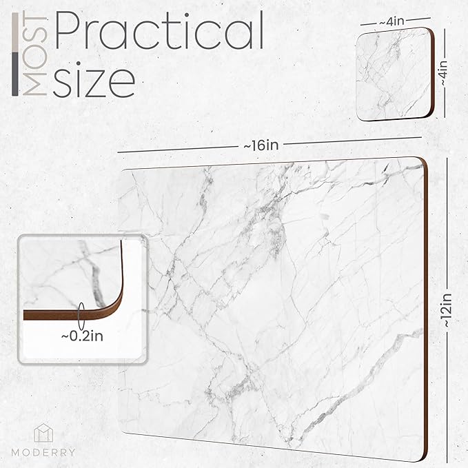 Set of 4 Heat Resistant Cork Placemats for Dining Table with Free Set of 4 Matching Drink Coasters Marble Design 16 x 12 Inches Cork Backed Hard Placemats (White Marble)