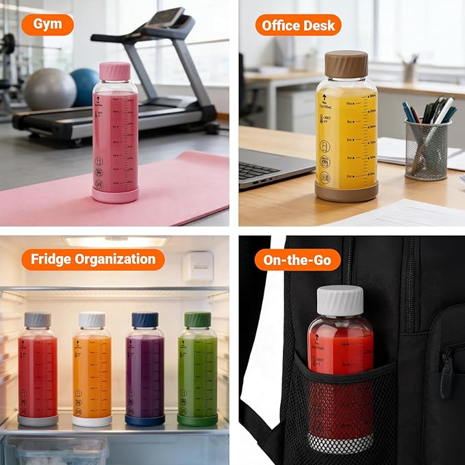 Sursip Glass Juice Bottles 6 Pack 16 oz – Reusable Glass Water Bottles with Stainless Steel Lids – Heat-Resistant Borosilicate Glass, BPA Free, Leakproof for Juicing, Smoothies, Milk, Infused Water
