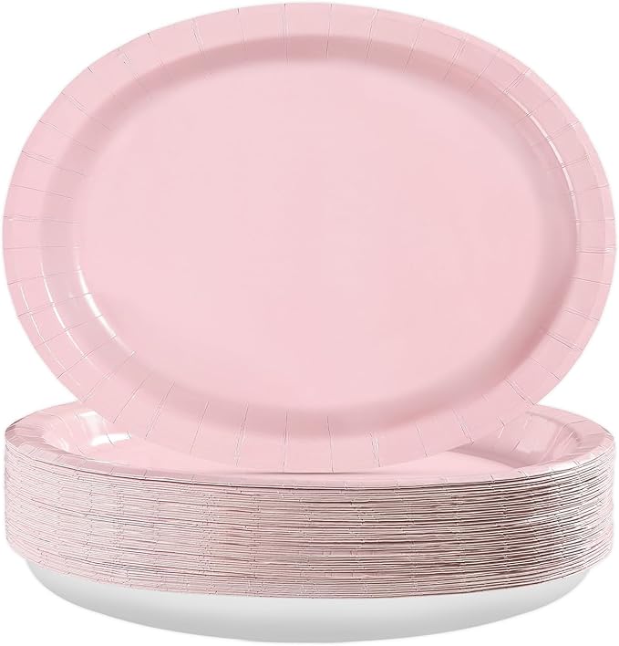 Grencian 50Pcs Pink Oval Paper Plates 10" x 12" Large Disposable 400GSM Heavy Duty Light Pink Paper Plates for Valentine's Day Girls Women Birthday Wedding Bridal Shower Baby Shower Party Supplies