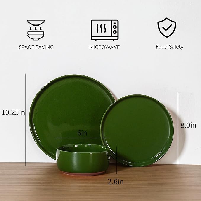 GZG Modern Art Series - 24 Pcs Speckled Stoneware Plates and Bowls Sets, Ceramic Dinnerware Set with Rustic Terracotta Underside, Microwave and Dishwasher Safe Handcrafted Dishes Set - Verdant Green