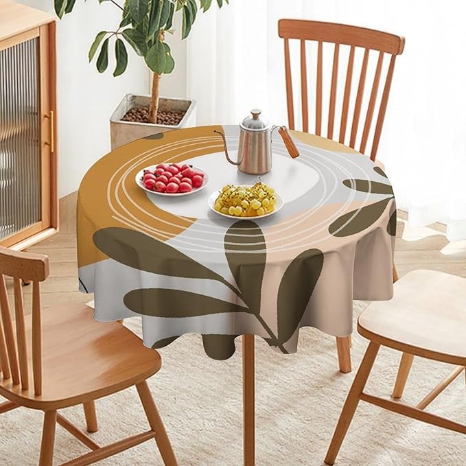 Boho Mid Century Round Tablecloth, Bohemian Abstract Modern Leaves Tablecloth for Home Party Dining Room Kitchen Decor 50Inch(127cm)