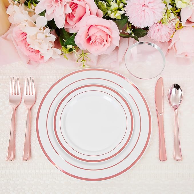 WELLIFE 450 PCS Rose Gold Disposable Dinnerware Set for 75 Guests, Mothers Day Plates, 75 Dinner & Salad Plate, Cups, Forks Knives Spoons for Wedding Reception and Valentine's Day