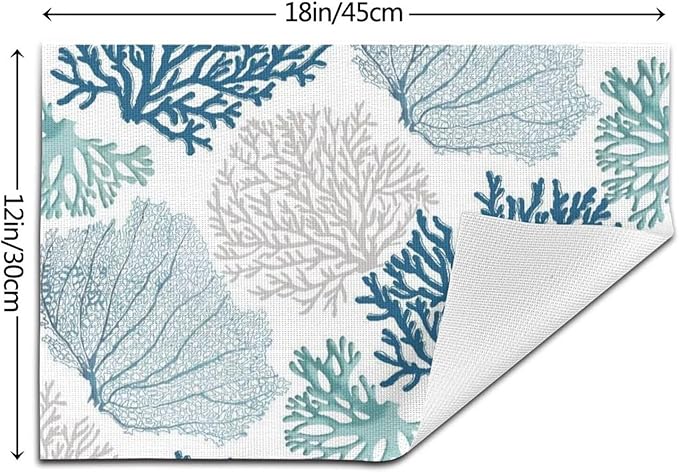 Placemats Set of 6 Nautical Blue Coral Place Mats Coastal Teal Beige Coral Woven Table Mats Washable Ocean Theme PVC Placemat for Dining Kitchen Decor Indoor Outdoor, 12 x 18 Inch