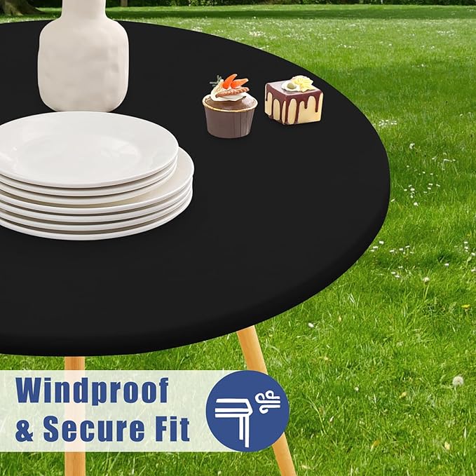 Round Spandex Tablecloth 2 Pack, Elastic Fitted Waterproof Tablecloths for 18"-24" Tables, Stretch Washable Picnic Table Cover for Camping, Dining, Indoor and Outdoor, Black