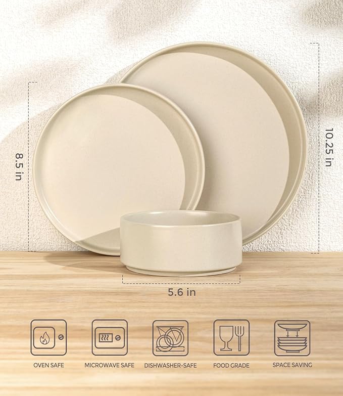 TheTerra Ceramic Dinnerware Sets for 8, 24 Pieces Handmade Reactive Glaze Plates and Bowls Set, Scratch Resistant Dish Set, Oven & Microwave & Dishwasher Safe, Ice Cream
