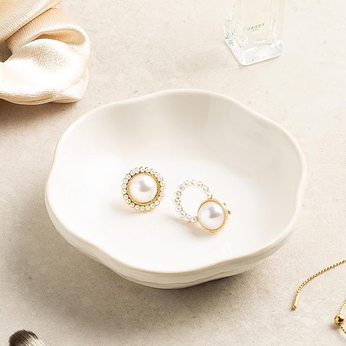 Ceramic Jewelry Tray Ring Holder Dish Floral Trinket Bowl for Women Girls Jewelry Organizer for Vanity Dresser Decor Wedding Birthday Gift for Her (white)