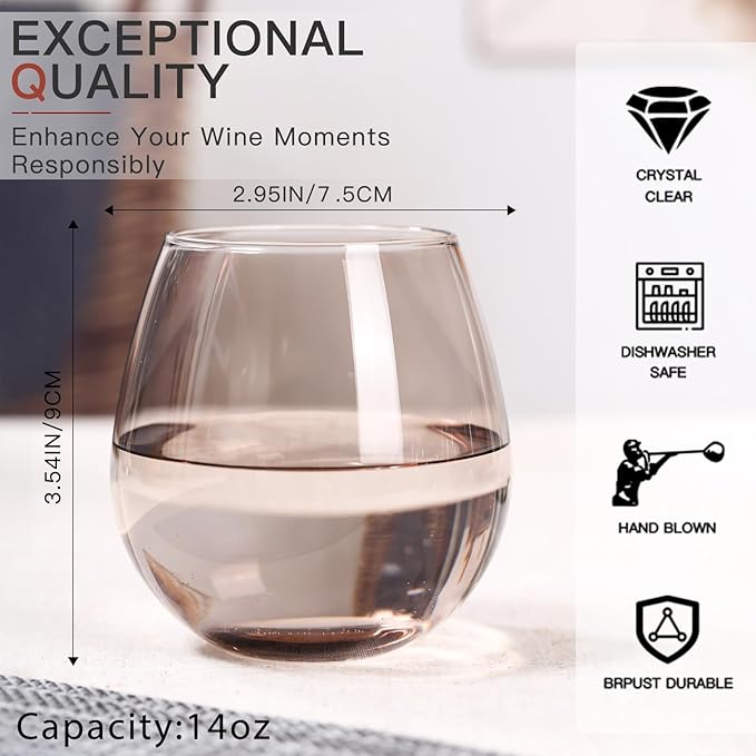Colored Stemless Wine Glasses Set of 6-15 oz -【Hand-Blown】 Colored Drinking Glasses, European Design Crystal Glass For Red & White Wine, Unique Gifts for Wedding, Birthday(Multicolor)
