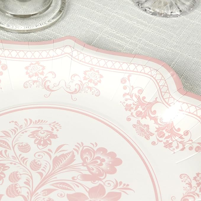 50 Pack 10" White Pink French Toile Dinner Plates, Disposable Round Paper Party Plates 300 GSM for Festive Table Decoration